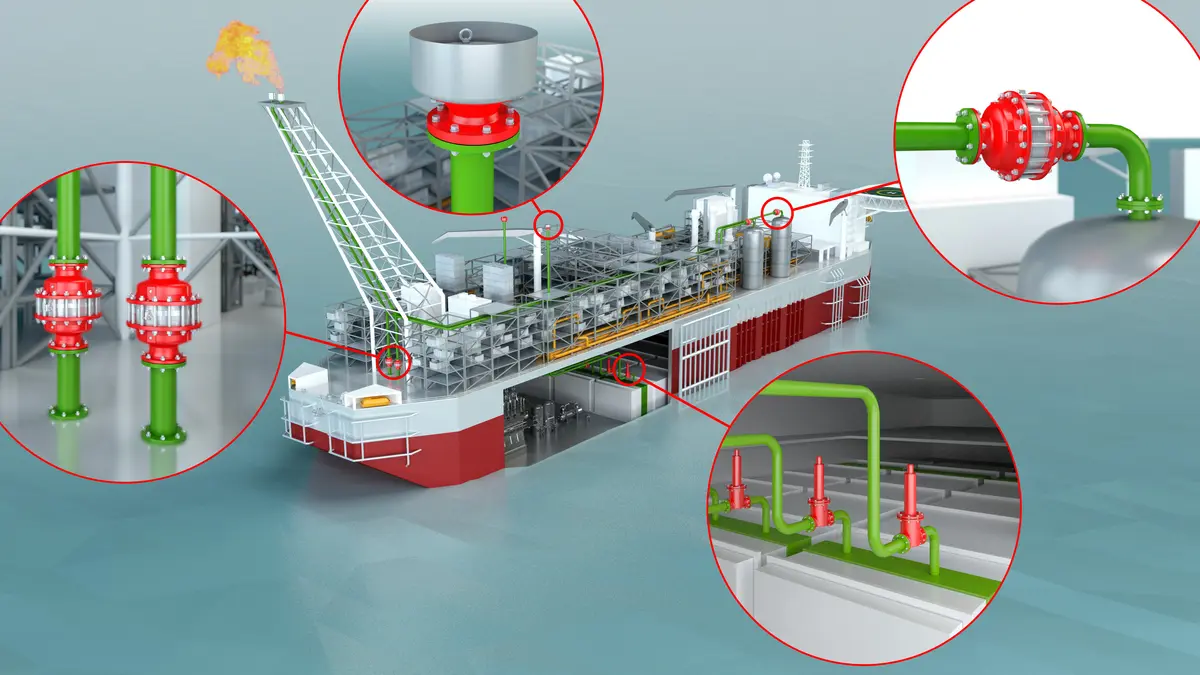 Offshore platform equipped with PROTEGO® safety devices at various points for optimal protection and operation.