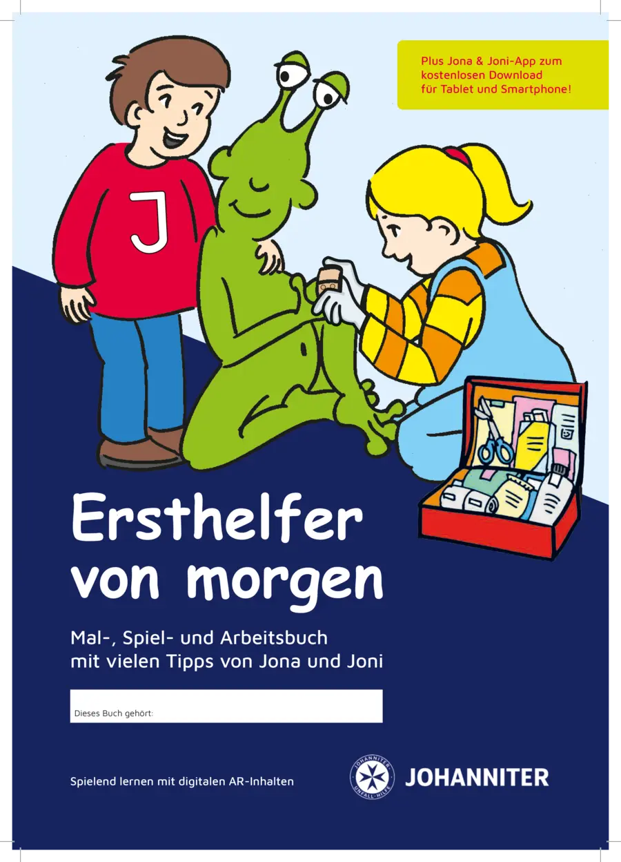 Illustrated German children’s first-aid workbook cover titled “Ersthelfer von morgen,” showing a boy and a girl giving first aid to a friendly green alien beside an open first-aid kit.