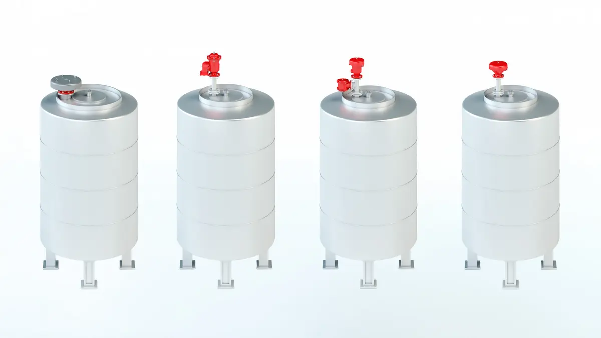 Free-standing alcohol storage tanks equipped with PROTEGO® devices for breathing and explosion prevention.
