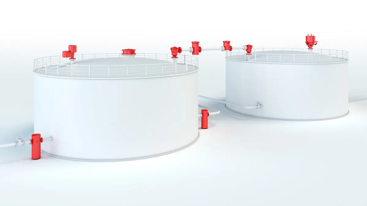 Two fixed roof storage tanks outfitted with PROTEGO® devices for various applications.