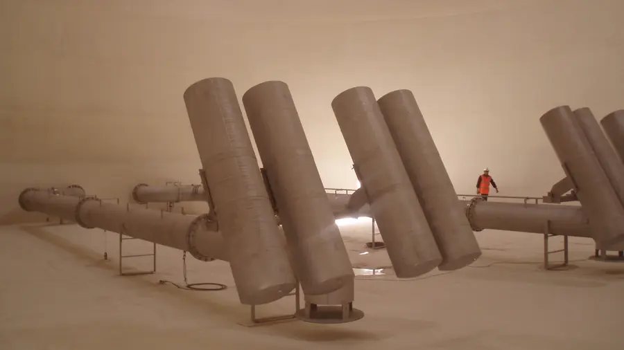 Inside a large storage tank, several large metal vent pipes angle upward from a manifold while a worker in an orange safety jacket stands in the distance.