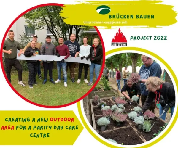 Un collage de type affiche intitulé « Brücken bauen » et « PROTEGO Project 2022 » montre des bénévoles tenant une planche et plantant des fleurs afin de créer un nouvel espace extérieur pour une crèche.