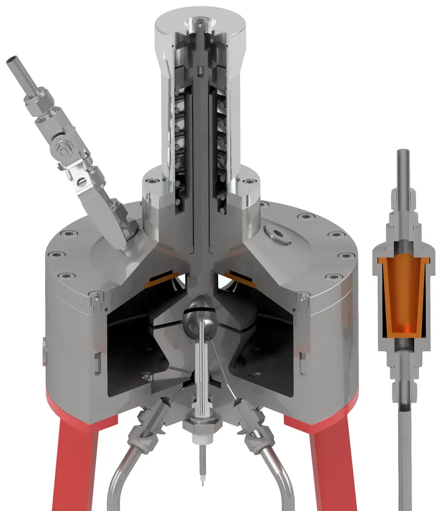 Cutaway illustration of a complex industrial valve or injector assembly showing internal components and fluid pathways.